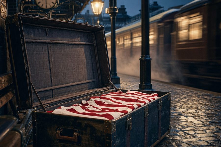 An open steamer trunk of folded red-and-white striped jerseys on an early-1900s station platform