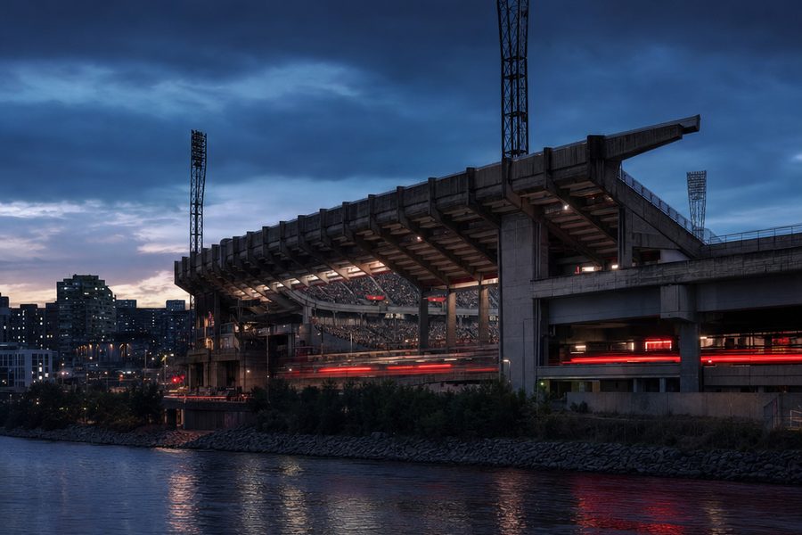 A 1960s concrete stadium beside a river with an elevated motorway running beneath one of its stands