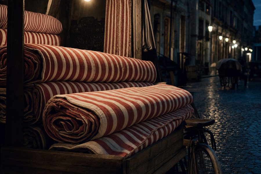 A post-war street market stall stacked with mattresses covered in red-and-white striped ticking