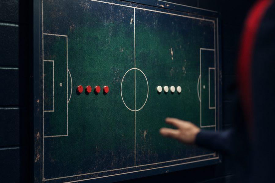 Magnetic markers set out in two banks of four on a worn dressing-room tactics board