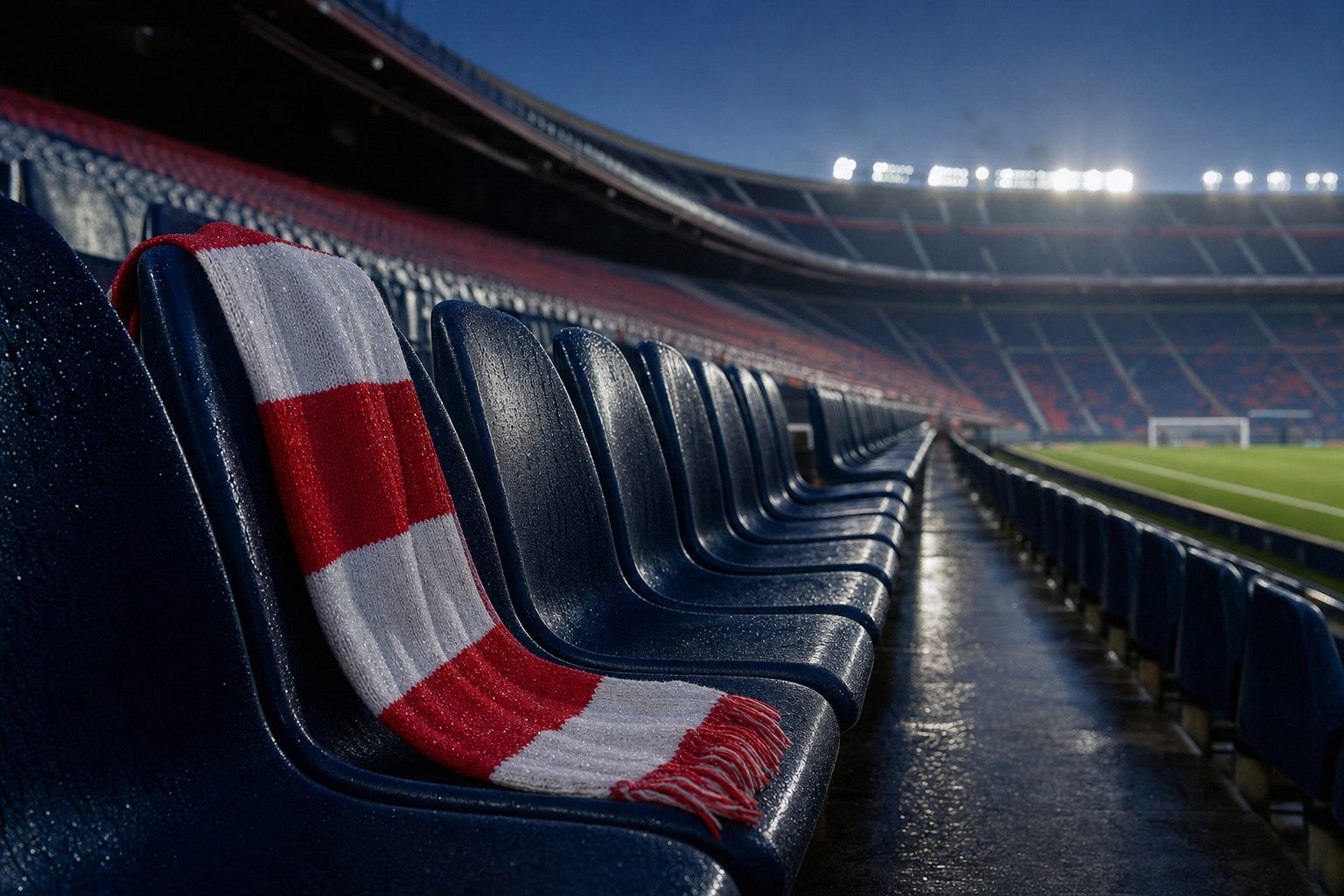 A red-and-white striped supporters' scarf left over a navy stadium seat in an empty stand