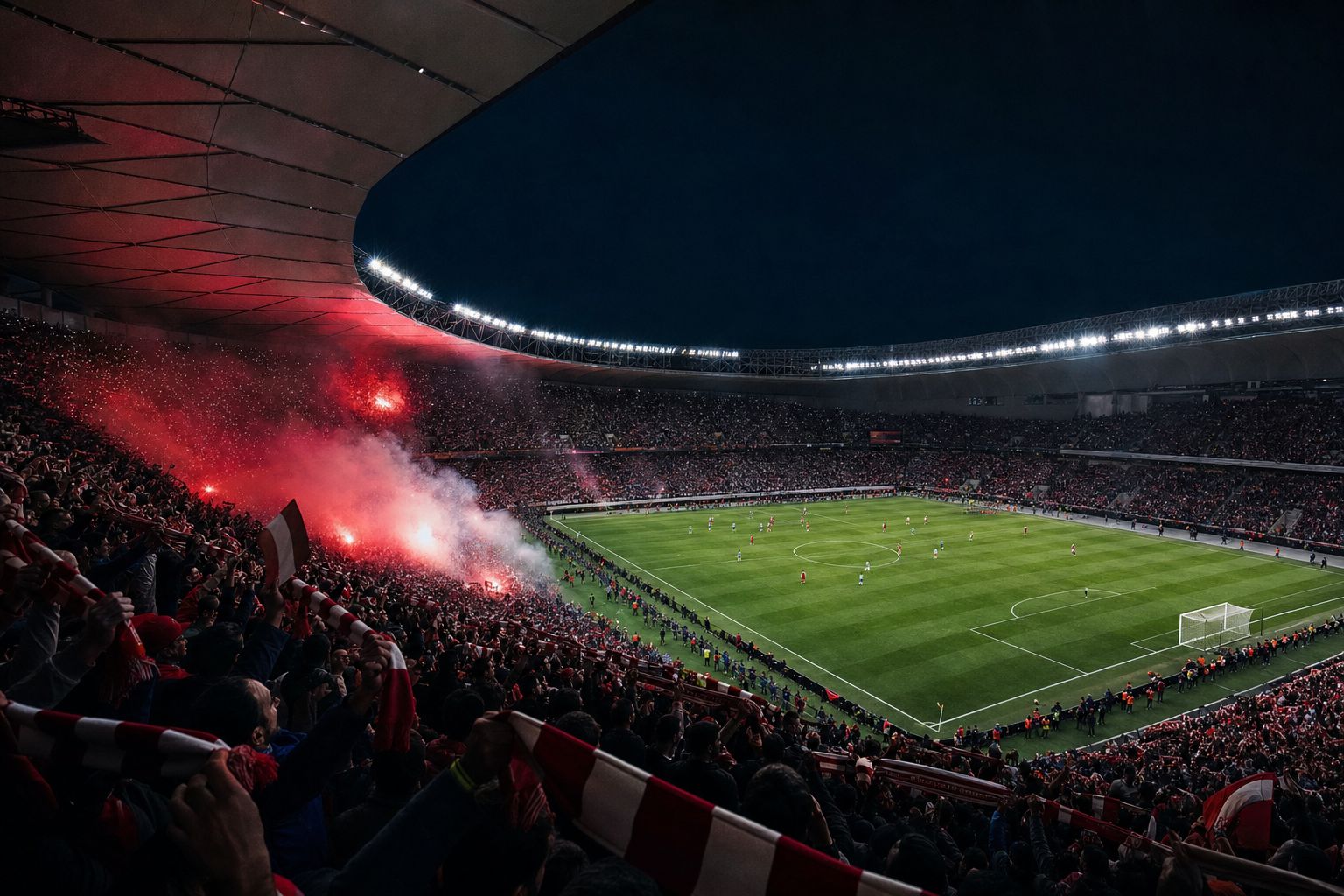 Packed football stadium at night with red flares and scarves in the stands