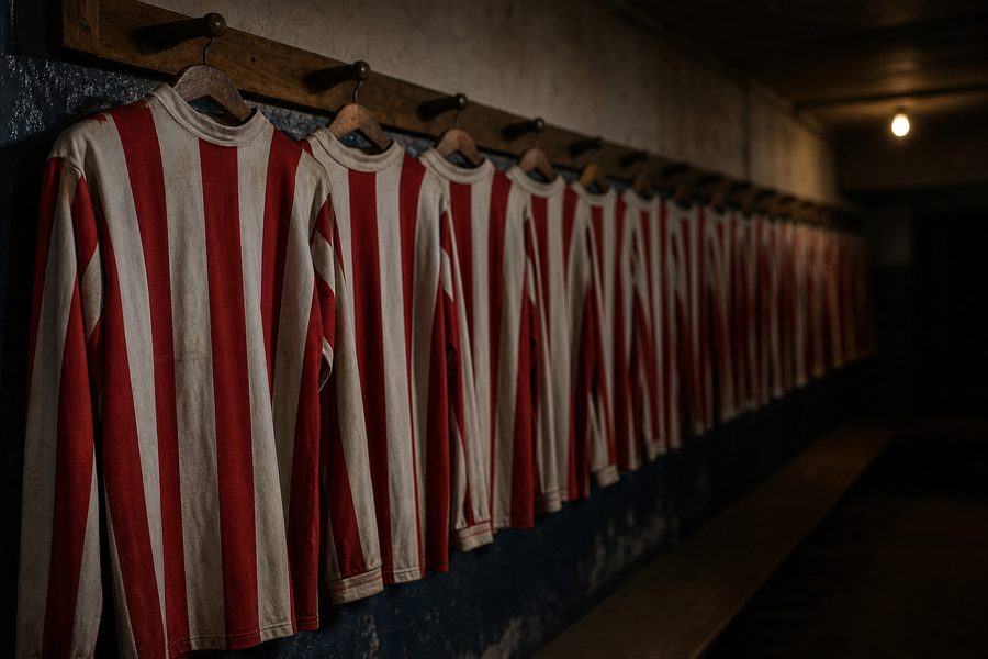 Row of red and white striped cotton shirts hanging on wooden pegs in a dim dressing room