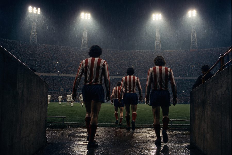 Players in red and white stripes walking out of the tunnel onto a floodlit pitch in the rain