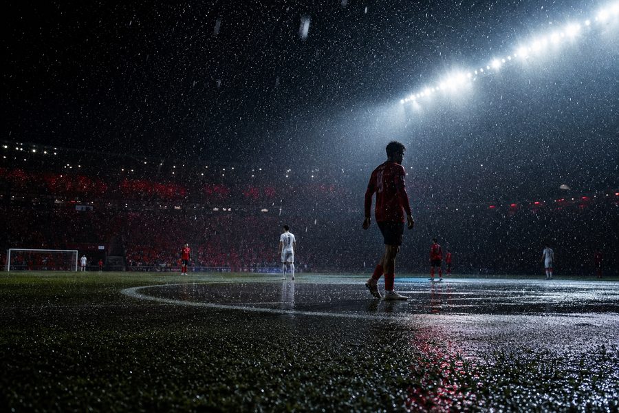 A lone player on a soaked floodlit pitch in heavy rain, red stands behind