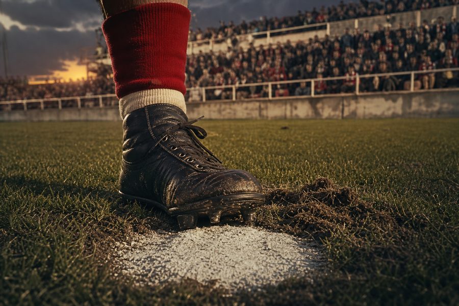 Studded leather boot planted beside a painted penalty spot on torn turf