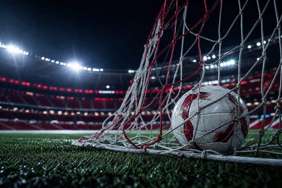 Ball at rest in the back of the net on floodlit goal-line grass