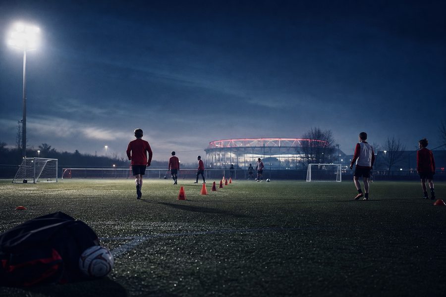 Training pitch at dusk under one floodlight, players and cones with a lit stadium on the horizon