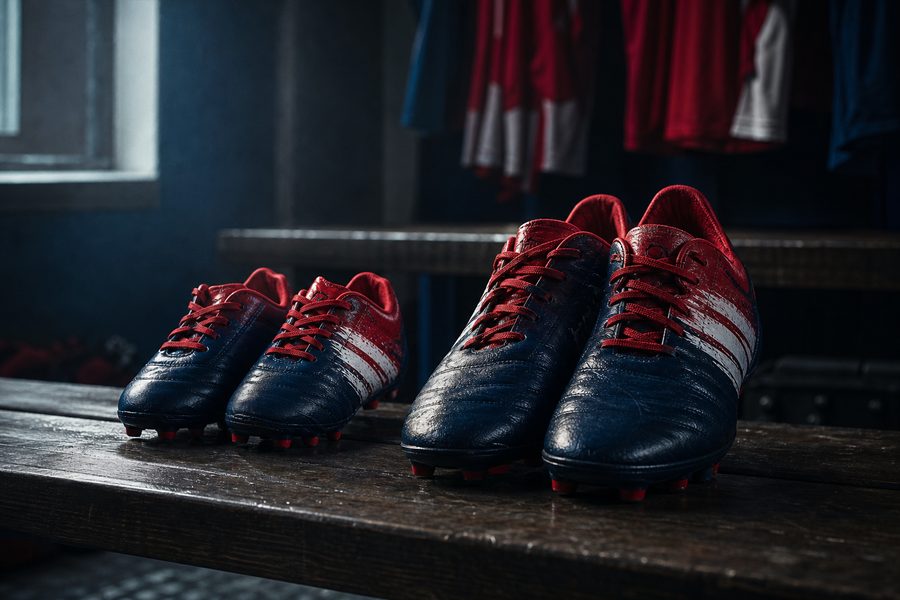 Youth football boots set beside a full-size adult pair on a dressing-room bench